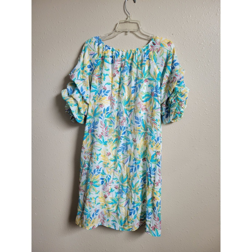 Indigo Rose Dress White Floral Colorful Tropical Tier Puff Sleeve Lined Beachy S - Picture 2 of 9